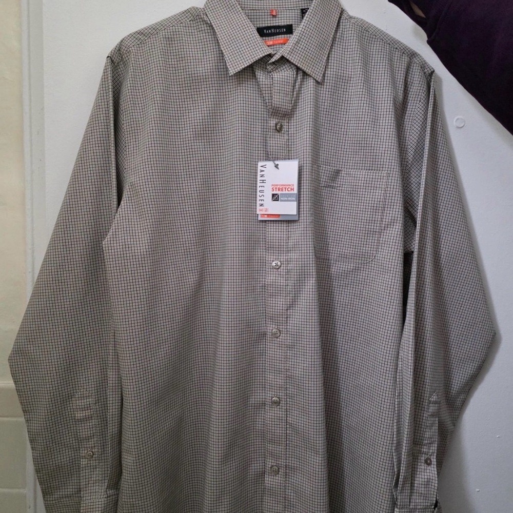 Van Heusen Men's Taupe Checkered Button Down Shirt
